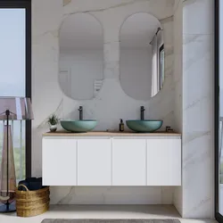 Mobile bagno sospeso con ante 140 cm bianco opaco con top rovere biscuit e specchio - Cuki