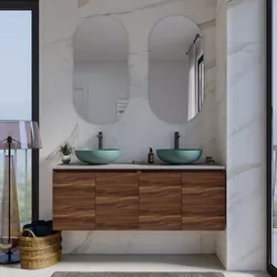 Mobile bagno sospeso con ante 140 cm rovere deciso con top grigio seta e specchio - Cuki