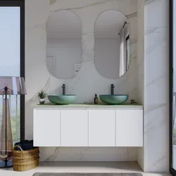 Mobile bagno sospeso con ante 140 cm bianco opaco con top verde ovatta e specchio - Cuki