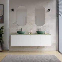 Mobile bagno sospeso con ante 180 cm bianco opaco con top verde ovatta e specchio - Cuki