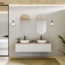 Mobile bagno sospeso 160 cm bianco opaco con top rovere biscuit e specchio - Sleek
