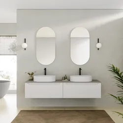 Mobile bagno sospeso 180 cm bianco opaco con top grigio seta e specchio - Sleek
