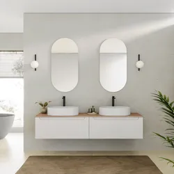Mobile bagno sospeso 180 cm bianco opaco con top rovere biscuit e specchio - Sleek