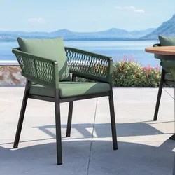 Sedia con braccioli in alluminio antracite e dettagli in corda verde con cuscini - Clerc