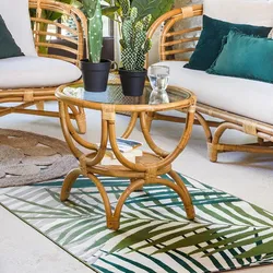 Tavolino rotondo 60 cm in legno rattan e piano in vetro temperato - Zena