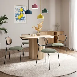 Set 4 sedie in tessuto teddy verde con schienale in polyrattan e metallo nero - Fada