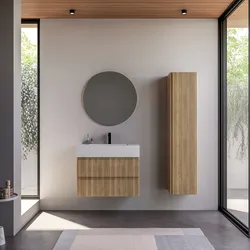 Mobile bagno sospeso 80 cm rovere acero cannettato con lavabo integrato e specchio - Gaia