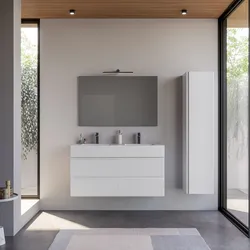 Mobile bagno sospeso 120 cm bianco opaco cannettato con lavabo doppia vasca integrato e specchio - Gaia