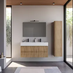 Mobile bagno sospeso 120 cm rovere acero cannettato con lavabo doppia vasca integrato e specchio - Gaia