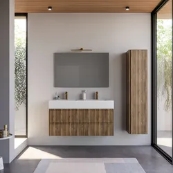 Mobile bagno sospeso 120 cm rovere america cannettato con lavabo doppia vasca integrato e specchio - Gaia