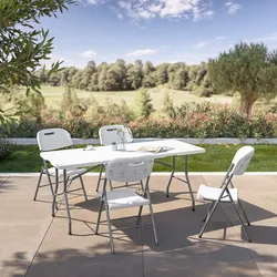 Set pranzo pieghevole tavolo 180x75 cm con gambe ad H e 4 sedie in acciaio grigio opaco e resina bianco - Tasfa