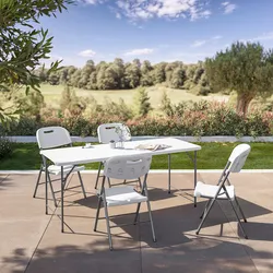 Set pranzo pieghevole tavolo 180x70 cm con gambe ad L e 4 sedie in acciaio grigio opaco e resina bianco - Tasfa