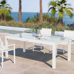 Tavolo da esterno allungabile 200/300x100 cm in alluminio bianco con top in vetro - Carioca