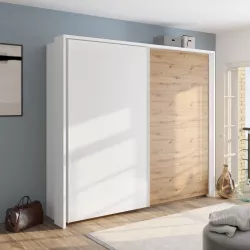 Armadio 250x223h cm due ante scorrevoli bianco lucido e rovere con cornice - Alen