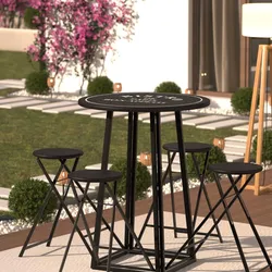 Set bistrot richiudibile con tavolo rotondo 68 cm e 4 sgabelli in metallo nero - Holbox