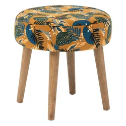 Pouf rotondo 38 cm in velluto motivo tropicale ocra con gambe in legno di hevea - Guyana