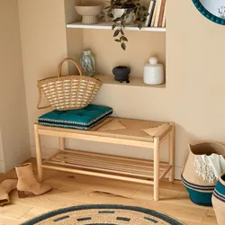 Panca 95x45h cm in legno di hevea naturale con ripiano - Yemen