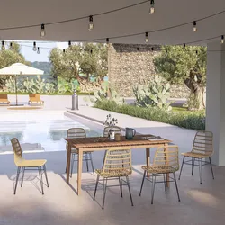 Set pranzo con tavolo 160x90 cm in legno di acacia e 6 sedie in acciaio nero e corda naturale - Visam