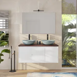 Mobile bagno portalavabo sospeso 120 cm bianco opaco con top rovere mocha e specchio - Damon