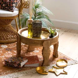 Tavolino rotondo 51 cm in legno di mango intagliato - Alienor