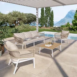 Set relax 5 posti in alluminio bianco con dettagli in corda tortora e cuscini - Clerc