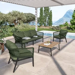 Set relax 5 posti in alluminio antracite con dettagli in corda verde e cuscini - Clerc