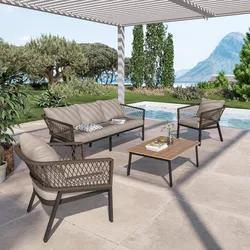 Set relax 5 posti in alluminio marrone con dettagli in corda cacao e cuscini - Clerc