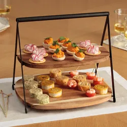 Alzata rettangolare 25h cm in metallo nero e legno di acacia con 2 ripiani