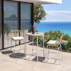 Set bistrot tavolo alto rotondo 70 cm e 2 sgabelli in acciaio bianco e polyrattan naturale - Griel