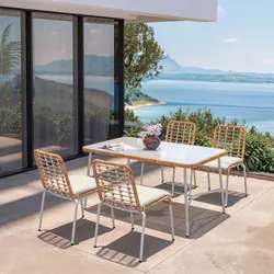 Set pranzo tavolo 150x90 cm e 4 sedie in acciaio bianco e polyrattan naturale - Griel