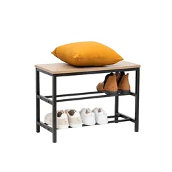 Scarpiera a giorno 63x45h cm in acciaio nero ed effetto rovere con panca - Emyl