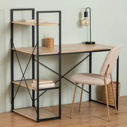 Scrivania 113x120h cm in acciaio nero ed effetto rovere con libreria integrata - Emyl