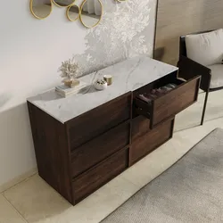 Cassettiera 120x75h cm noce con top effetto marmo bianco e 6 cassetti soft close - Seraphina