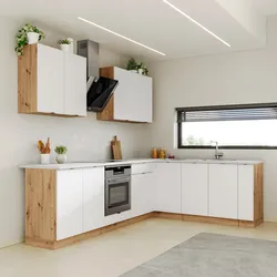 Cucina angolare 260 cm reversibile bianco e rovere rustico con top in HPL bianco - Fosca