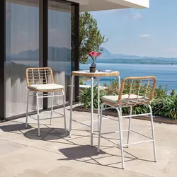 Set 2 sgabelli da esterno in acciaio bianco e polyrattan naturale con cuscino - Griel