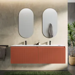 Mobile bagno sospeso con ante 160 cm terracotta cannettato con lavabo e specchio - Nerk