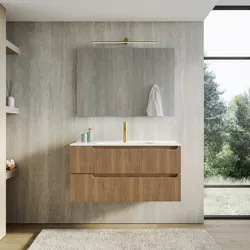 Mobile bagno sospeso 100 cm rovere acero cannettato con lavabo e specchio - Konai plus