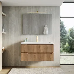 Mobile bagno sospeso 100 cm rovere acero cannettato con lavabo in ceramica e specchio - Konai plus