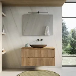 Mobile bagno sospeso 100 cm rovere acero cannettato con top e specchio - Konai plus