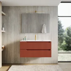 Mobile bagno sospeso 100 cm terracotta cannettato con lavabo e specchio - Konai plus