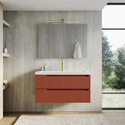 Mobile bagno sospeso 100 cm terracotta cannettato con lavabo in resina e specchio - Konai plus