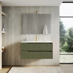 Mobile bagno sospeso 100 cm verde nordico cannettato con lavabo e specchio - Konai plus