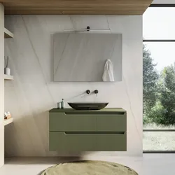 Mobile bagno sospeso 100 cm verde nordico cannettato con top e specchio - Konai plus
