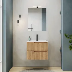Mobile bagno sospeso 60 cm rovere acero cannettato con lavabo e specchio - Konai plus