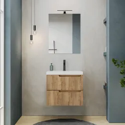 Mobile bagno sospeso 60 cm rovere acero cannettato con lavabo in ceramica e specchio - Konai plus