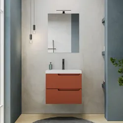 Mobile bagno sospeso 60 cm terracotta cannettato con lavabo in ceramica e specchio - Konai plus