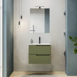 Mobile bagno sospeso 60 cm verde nordico cannettato con lavabo e specchio - Konai plus