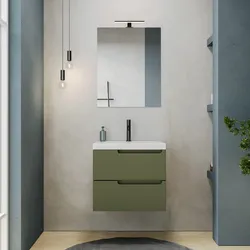 Mobile bagno sospeso 60 cm verde nordico cannettato con lavabo in ceramica e specchio - Konai plus