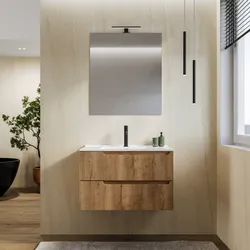 Mobile bagno sospeso 80 cm rovere acero cannettato con lavabo e specchio - Konai plus