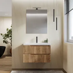 Mobile bagno sospeso 80 cm rovere acero cannettato con lavabo in ceramica e specchio - Konai plus